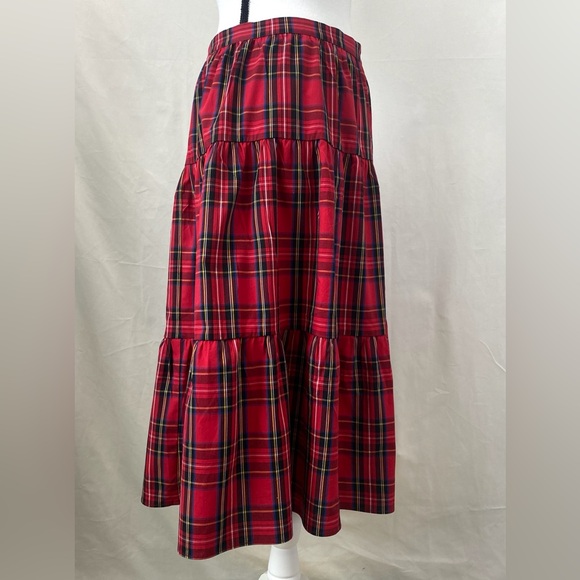 J. Crew NWT Red Black Tartan Plaid 3 Tiered Ruffle Midi Skirt size Large - Picture 7 of 15